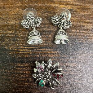 Vintage Silver Bell Earrings and Poinsettia Brooch Pin Bundle